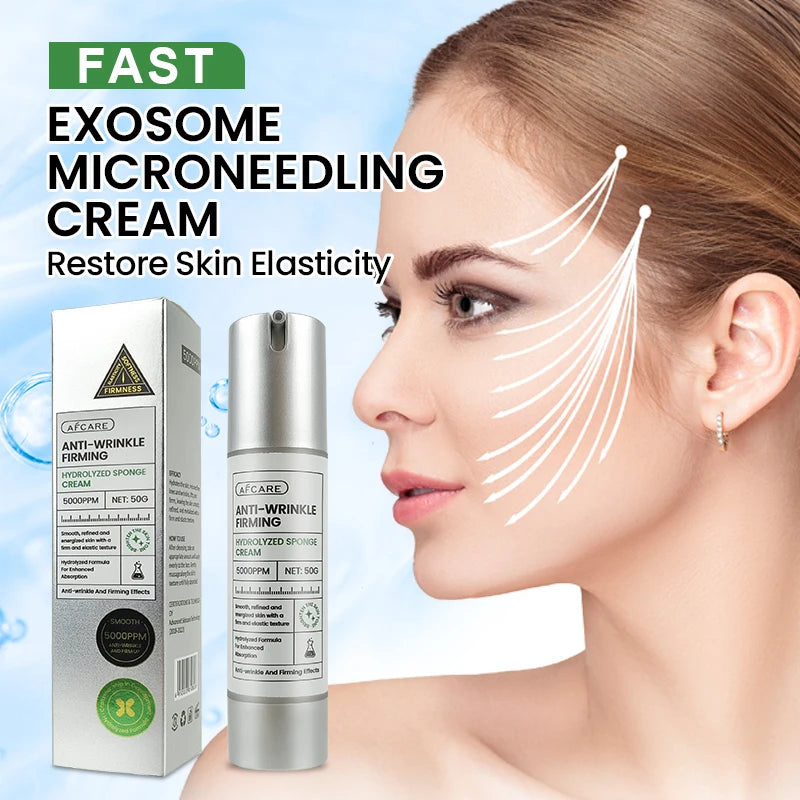 Anti-wrinkle cream with packaging and a woman's face on a light blue background